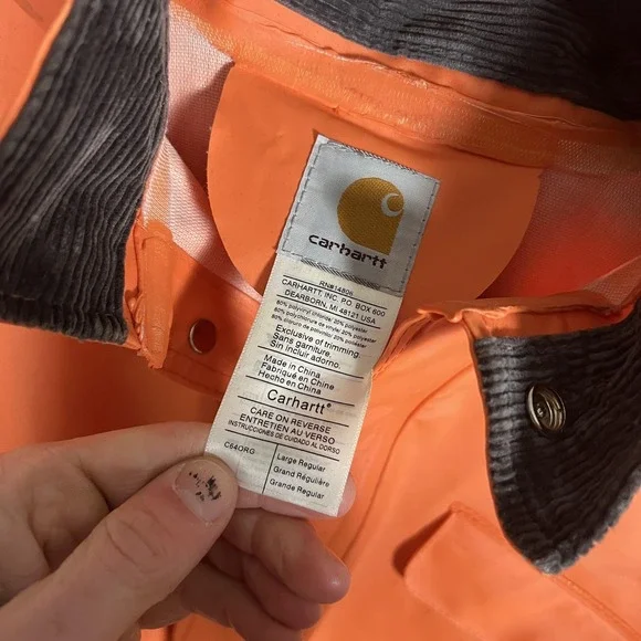 Carhartt Rain Coat Mens Large Orange Hooded PVC Waterproof Workwear C64ORG - Picture 8 of 10